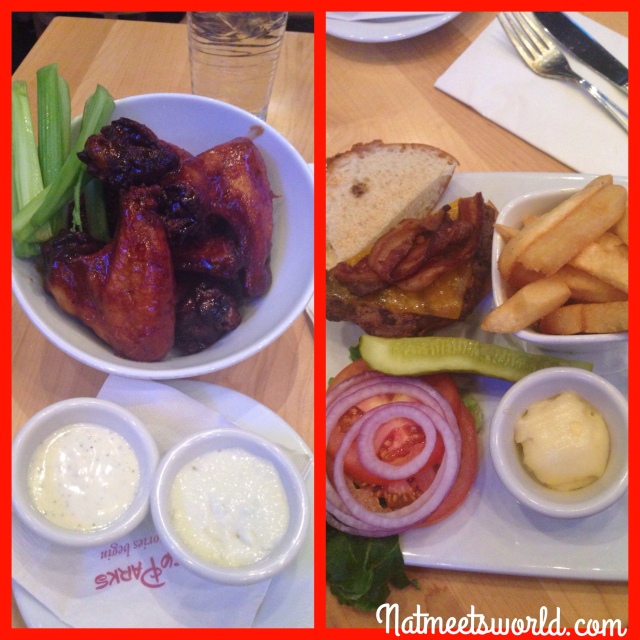 Left: BBQ wings with creamy ranch and blue cheese; Right: original cheeseburger with steak fries.